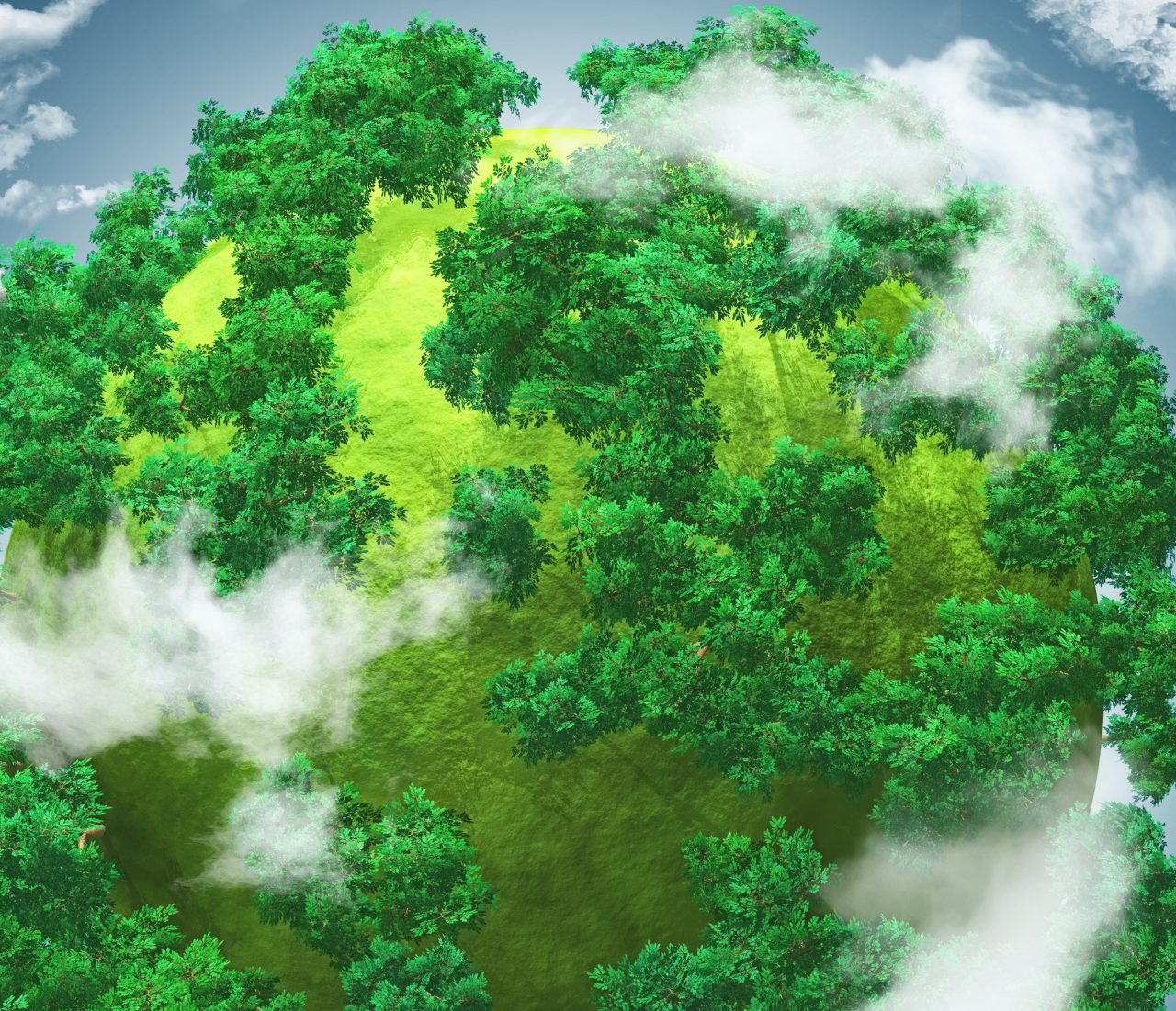3D render of a grassy globe with trees against a blue cloudy sky